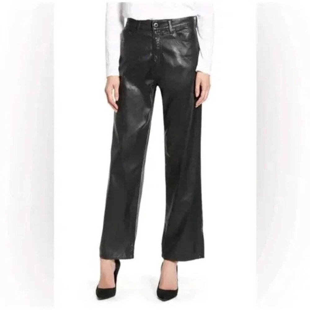 NWOT AG THE TOMAS High Rise Wide Leg Ankle Length Faux Leather Black Pants 27